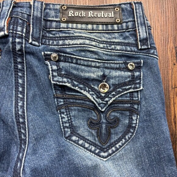 Rock Revival Gwen Boot Jeans Rhinestones Distressed Medium Wash Women’s Size 30 - Picture 8 of 13